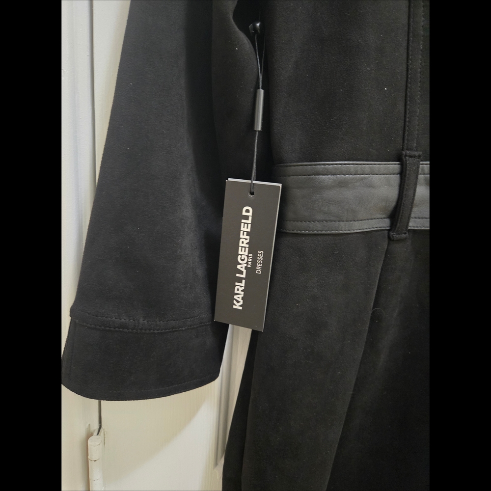 Karl Lagerfeld Black Trench Belted Faux Leather Trim Midi Shirt Dress Size 8 NWT - Picture 7 of 13
